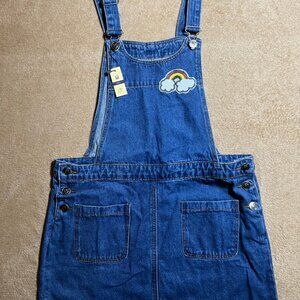 NEW! Lily Parker Women Medium Denim Rainbow Cloud Patch Bib Overall Jumper Dress